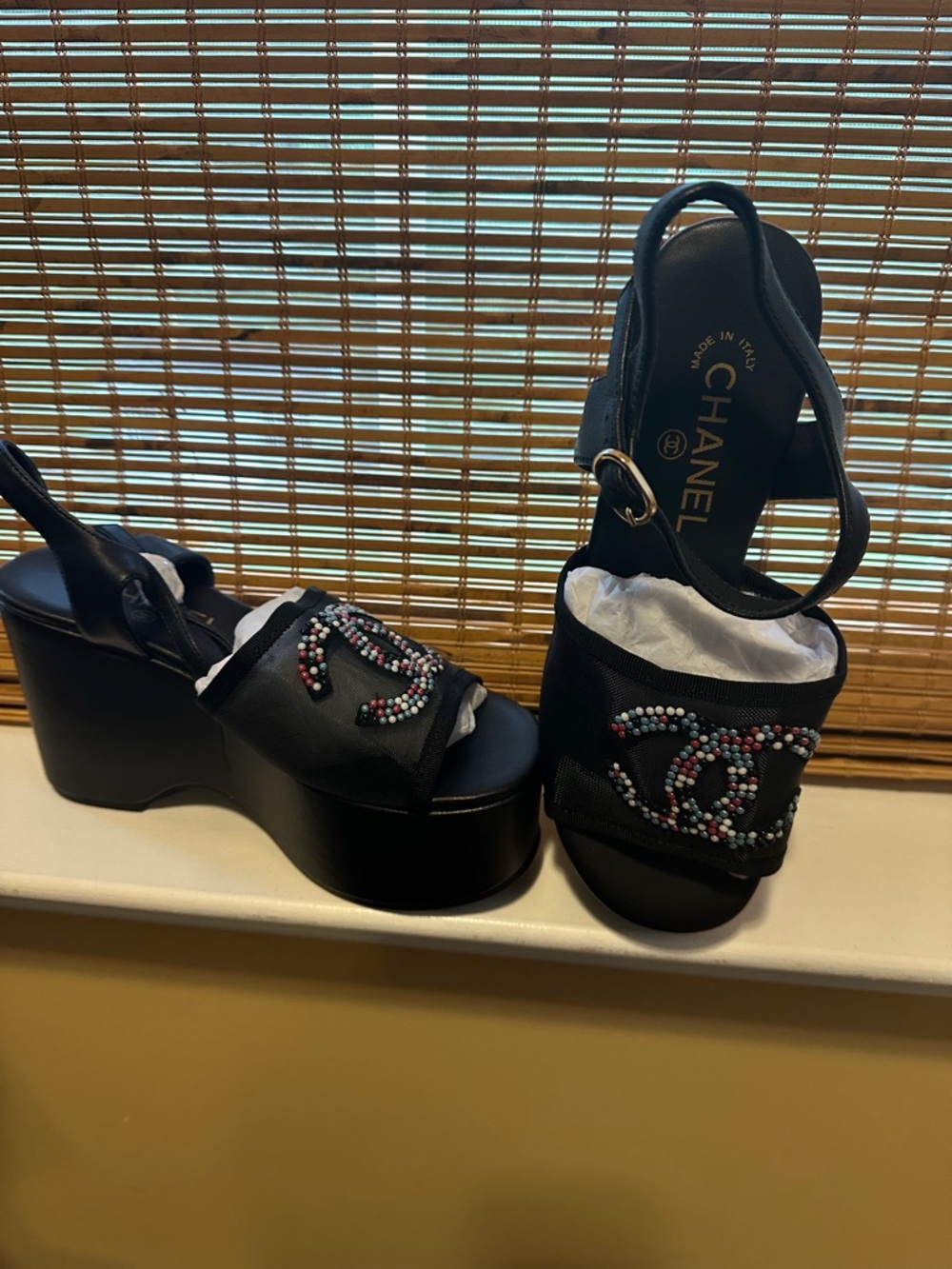 CHANEL Black Leather Platform Sandals with Multicolor Beaded CC